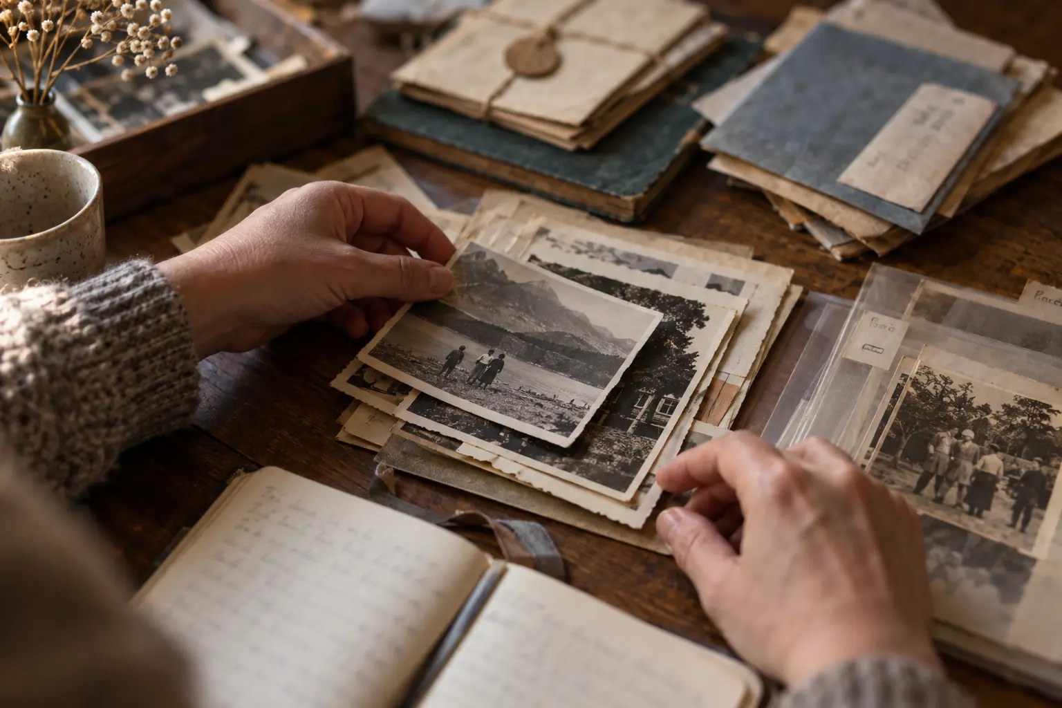 Pictures from different years help explain how a family changed. Illustrative scene.