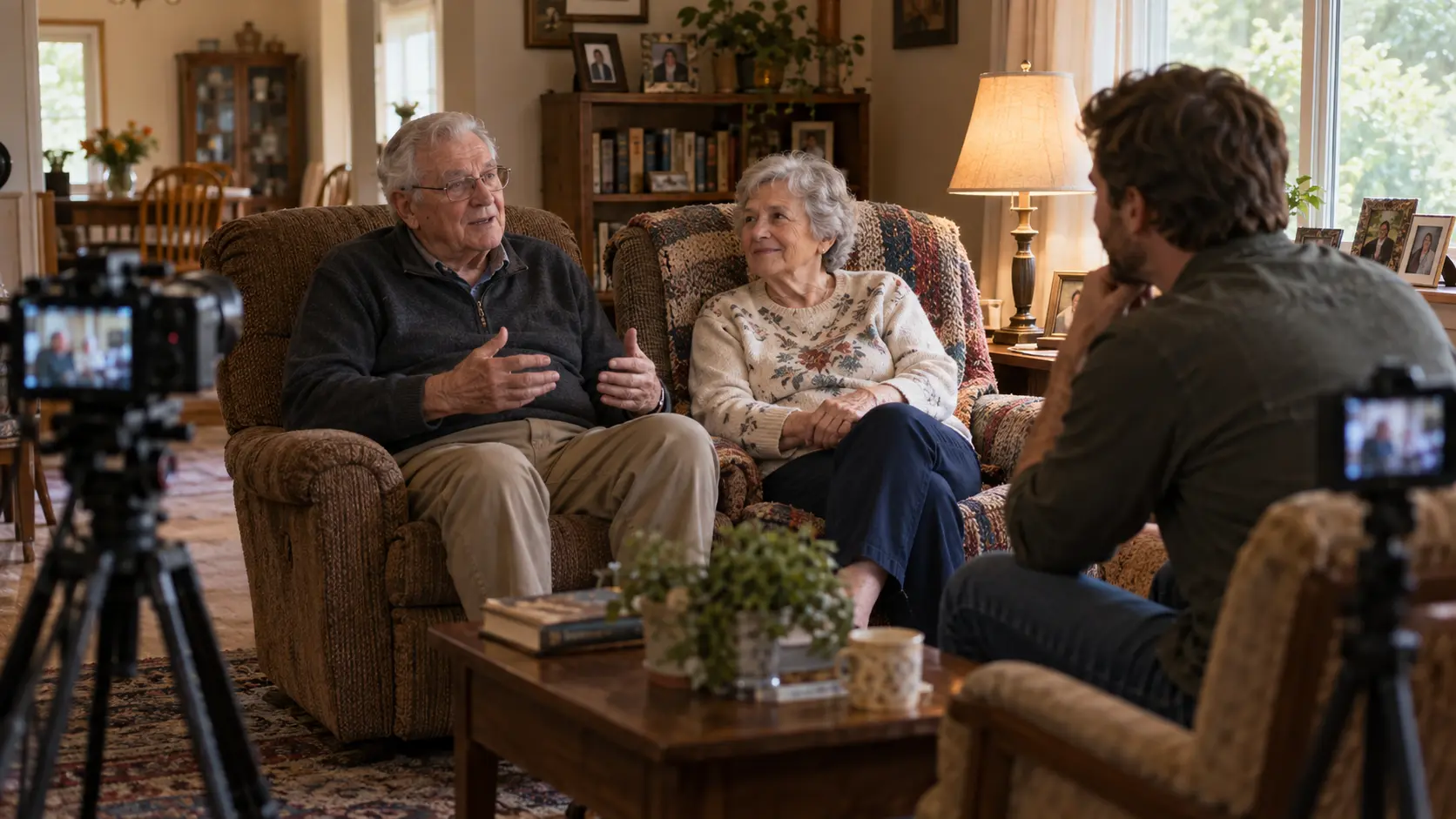 Illustrative couple taking part in a home documentary interview.