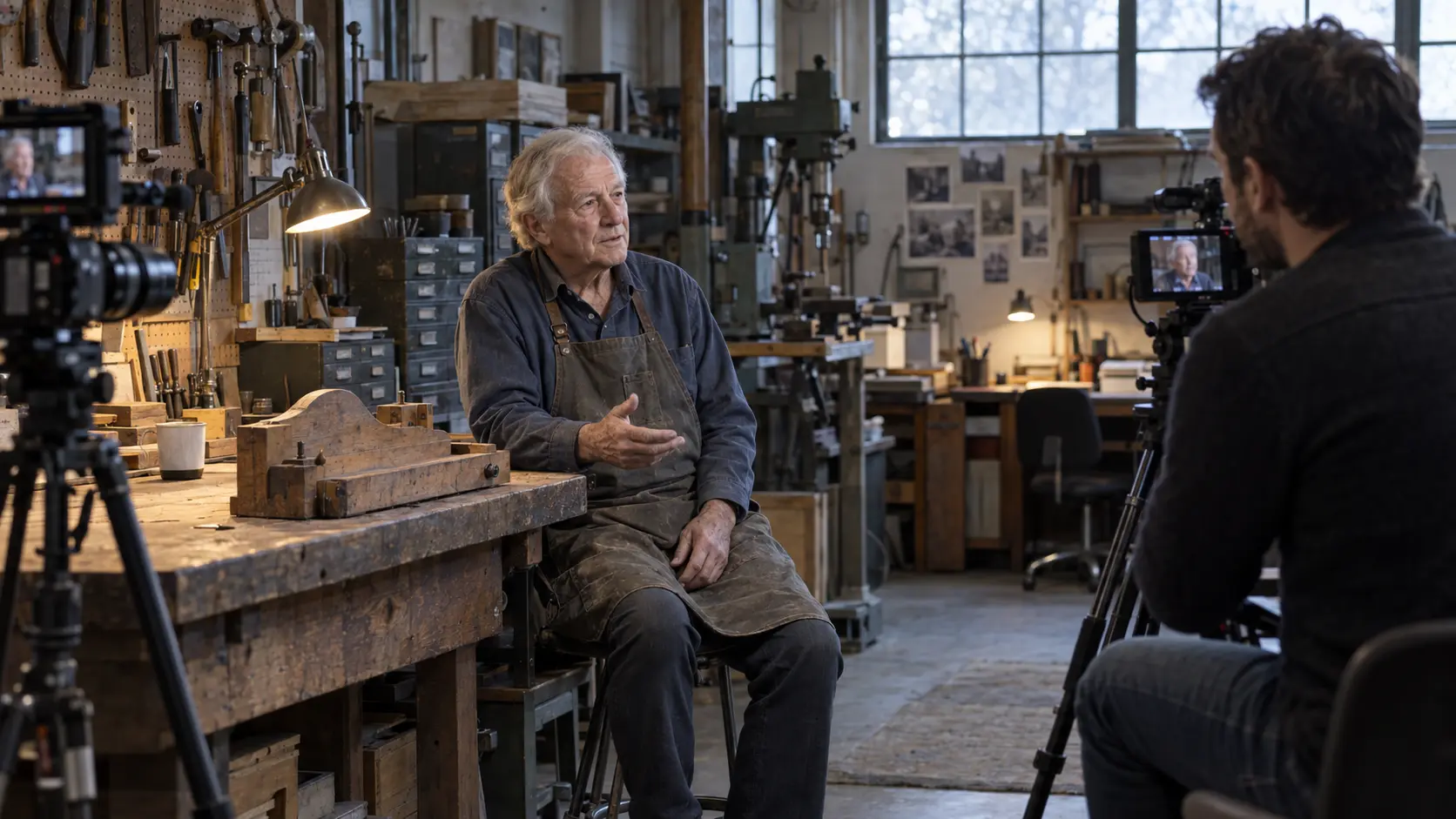An interview subject reflects on working life in a workshop setting. Illustrative scene.