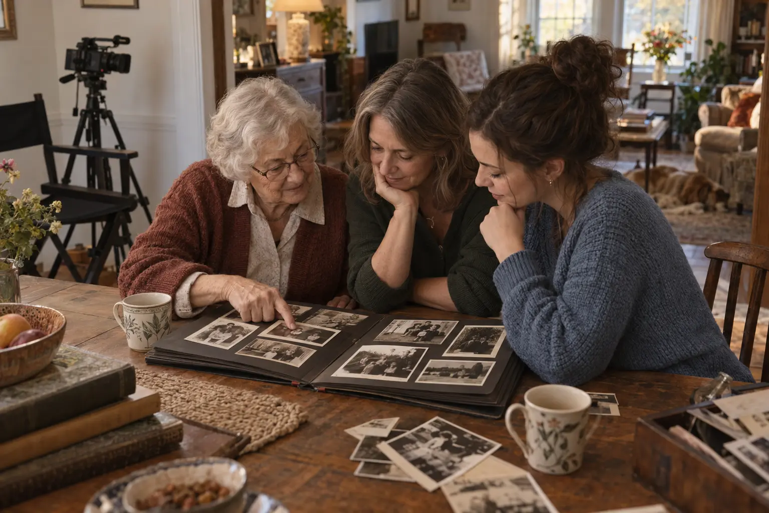 Illustrative family members looking through a photograph album.