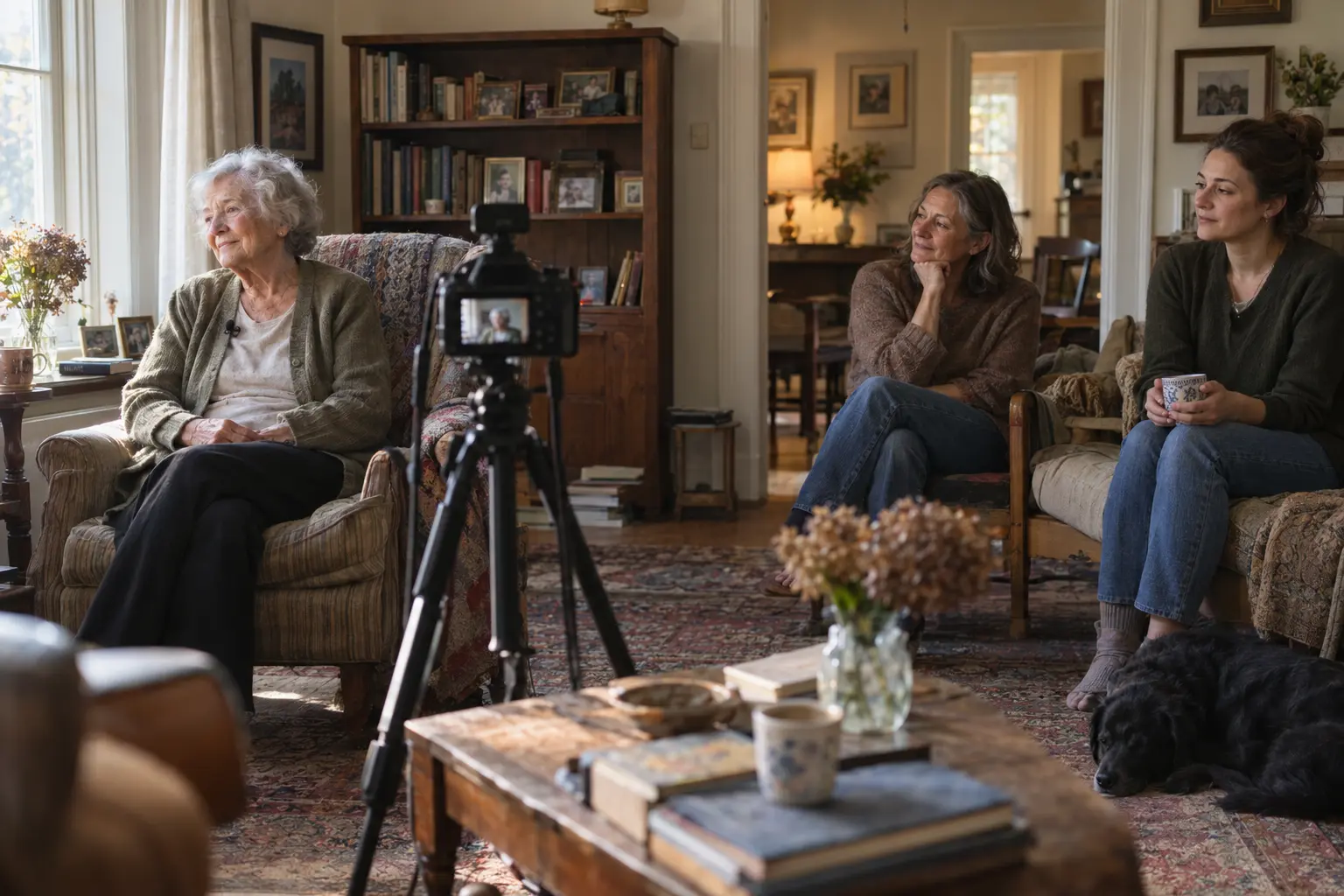 Illustrative family members preparing for a multigeneration interview.