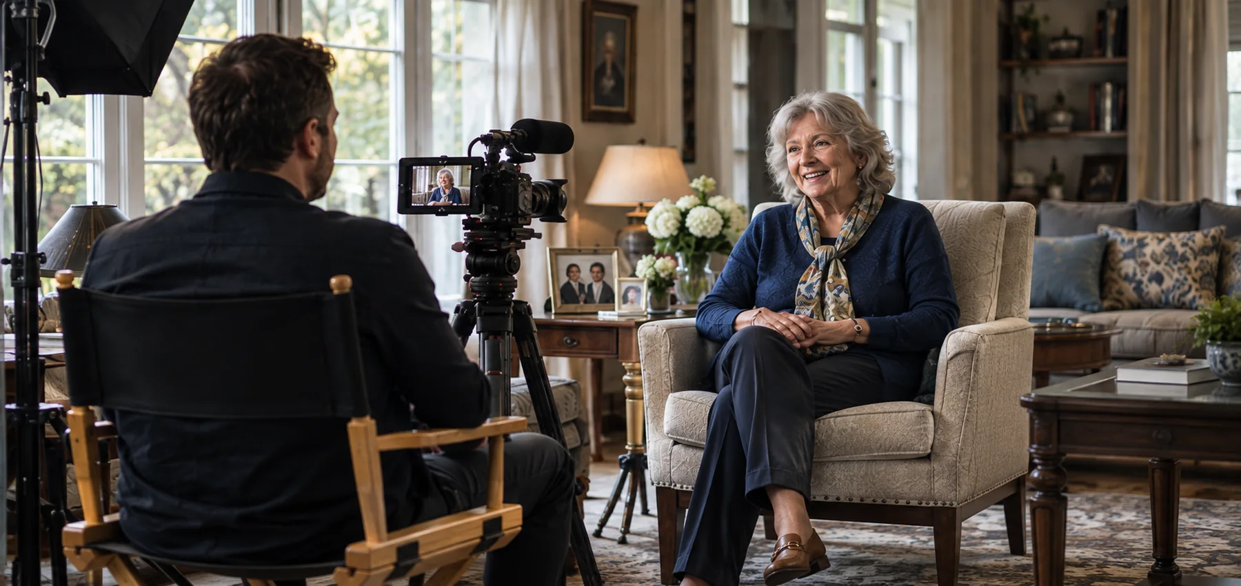 Illustrative home interview: one filmmaker records a woman's life story in her living room.