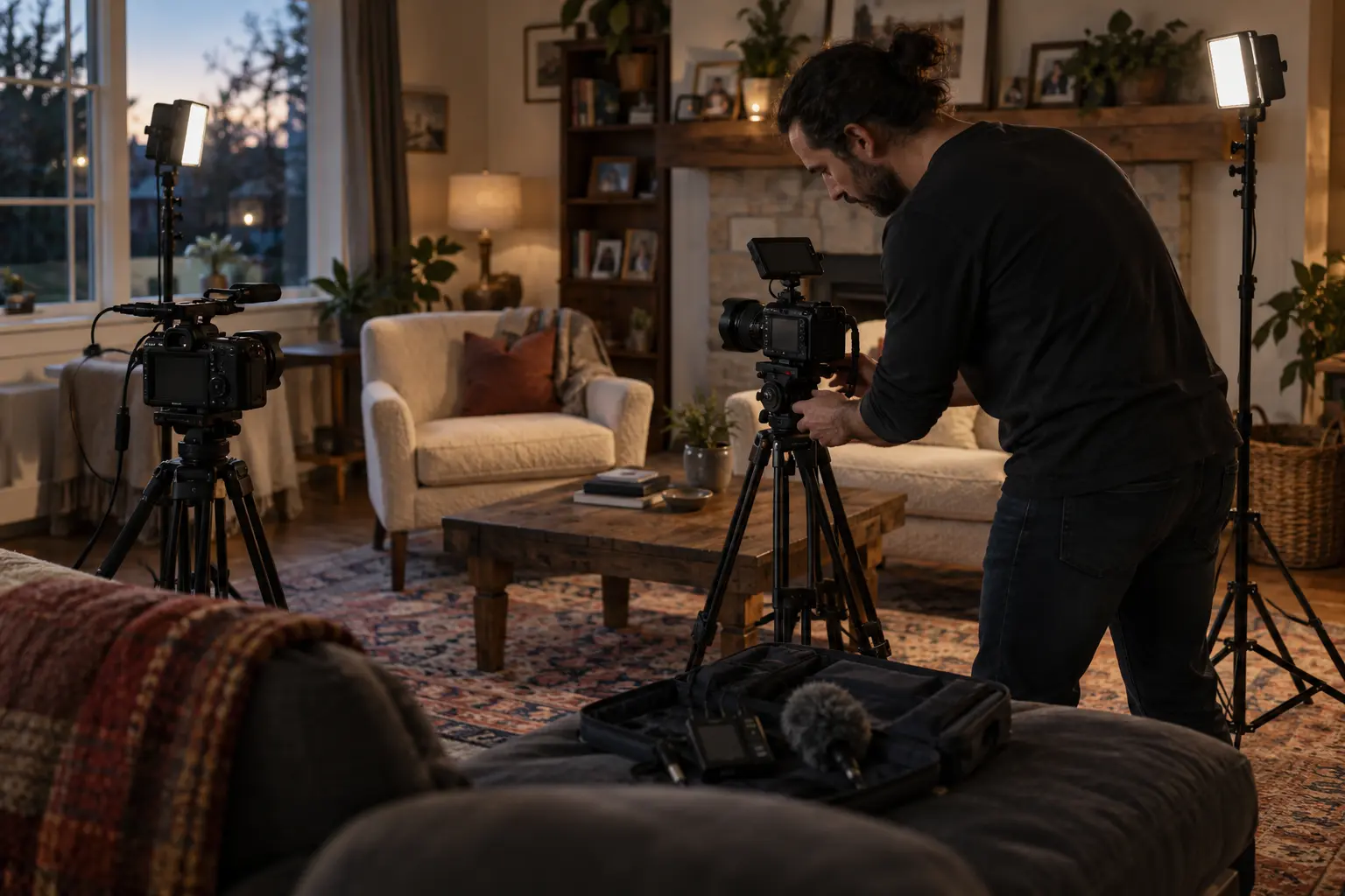 Illustrative two-camera setup for an interview at home.